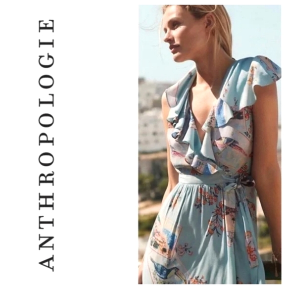 Maeve by Anthropologie Blue Rosalia Postcard  Cap Sleeve Faux Wrap Dress - Picture 1 of 14